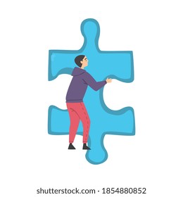 Businessman Solving Jigsaw Puzzle, Person Trying to Connect Blue Puzzle Element Cartoon Style Vector Illustration