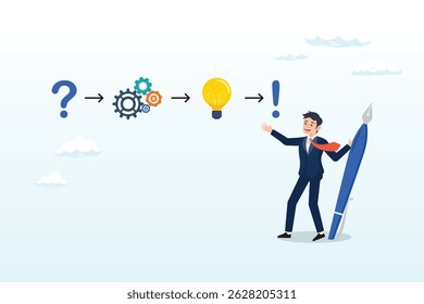 Empresário resolvendo problema com solução, pensamento criativo para solução ou resultado, resolvendo problema ou pergunta e resposta, método ou análise para solução e sucesso, conceito de processo de resolução