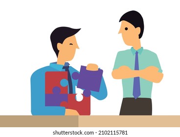 Businessman solving puzzle in front of his boss with a white background. Concept of corporate business problem solving. Business solution for success. Vector illustration.