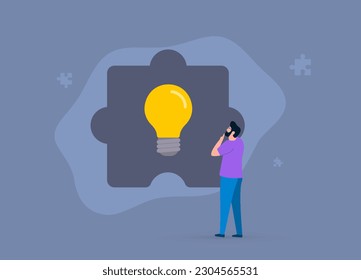 Businessman solving puzzle for problem-solving and brainstorming. Moment of inspiration and breakthrough. Concept of critical thinking and decision making illustration isolated on dark background