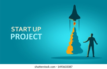 Businessman and space rocket launch as metaphor of start up project