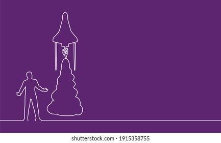 Businessman and space rocket launch as metaphor of start up project. Thin line style