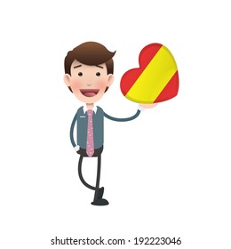 Businessman with spain flag heart over white background.