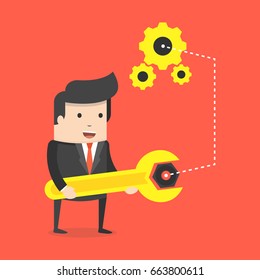 Businessman with spanner in hand. Man in suit, manager adjusts some mechanism. Support and service concept. Flat cartoon style. Vector illustration.