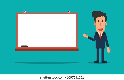 Businessman speak front of blank empty white board