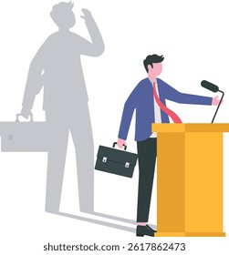businessman Speak into Microphone.with fear shadow behind. Anxiety and lack of self confidence at work, Imposter syndrome concept

