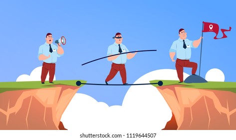 Businessman speak in megaphone, goes along a rope closed eyes to business man with geolocation flag over abyss mountain risk assessment concept, flat vector illustration