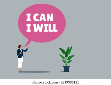 Businessman speak I will and I can to be success. Willpower to be success, motivation to overcome challenge and difficulty, mind and discipline to succeed. Flat vector illustration.