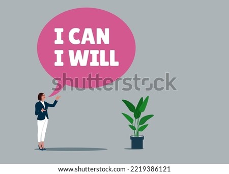 Businessman speak I will and I can to be success. Willpower to be success, motivation to overcome challenge and difficulty, mind and discipline to succeed. Flat vector illustration.