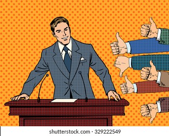 Businessman speaker business concept like dislike hands. Good or bad speech. The response from the audience