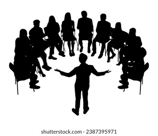 Businessman speaker giving a talk at business meeting silhouette. Business people circle meeting business discussion brainstorming session vector silhouette.	