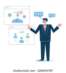 Businessman speaker and presenting business data analysis on screen. Isolated flat graphic design. vector illustration