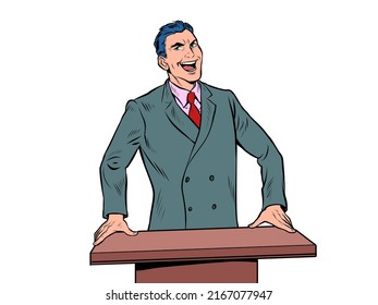 businessman speaker speaks on podium, training business school. Politician or preacher. Pop art retro vector illustration comic caricature 50s 60s style vintage kitsch