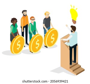 Businessman speaking behind rostrum in front of people with dollar coins, flat vector isometric illustration. Crowdfunding presentation, financial investing in ideas or business startup.