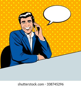 Businessman speaking by phone in the pop art comics style. Vector EPS10 illustration.