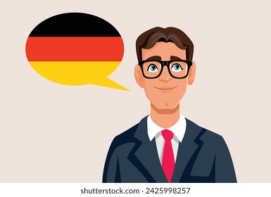 
Businessman Speaking German Language Vector Character Illustration. Happy teacher speaking a foreign language fluently 
