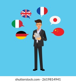 Businessman speaking many different languages. Multi language translator concept illustration. Vector illustration