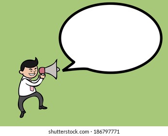 Businessman speaking on megaphone to announce