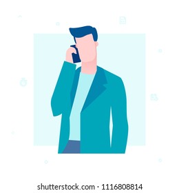 Businessman speaking on the phone - flat design style illustration on white background. High quality composition with a cute man, worker in a jacket with a smartphone. Communication concept