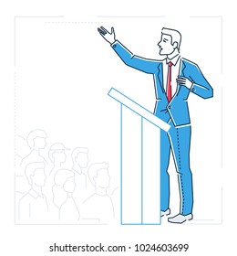 Businessman speaking from a platform - line design style isolated illustration on white background. Metaphorical image of a man giving an inspiring speech before the audience