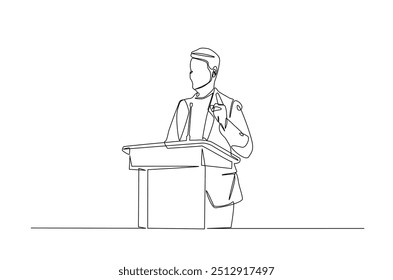 Geschäftsmann spricht auf dem Podium durchgehende einzeilige Zeichnung. Politiker, Motivator sprechen einzeilige Kunst Illustration. Bearbeitbarer Vektor.  