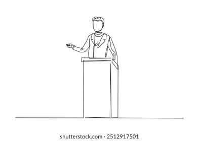 Empresario hablando en el podio continuo de una línea de dibujo. Político, motivador hablando ilustración de arte de una sola línea. Vector editable.  