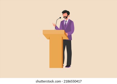 Empresario hablando en público en el escenario con podio, micrófonos. Concepto de actividades de capacitación y talleres. Ilustración vectorial.