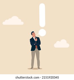 Businessman Speaking With Speech Bubble As Exclamation Point. Story Telling, Speak Out Loud To Draw Attention And Interest, Fact Important Information Or Secret, Caution And Alert Call Concept.