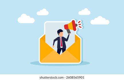 Businessman speaking through a megaphone inside a document envelope, illustration of marketing strategy using business mail