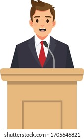 Businessman speaking from tribune. public speaker isolated on white backgorund. Candidate politician concept. Vector stock