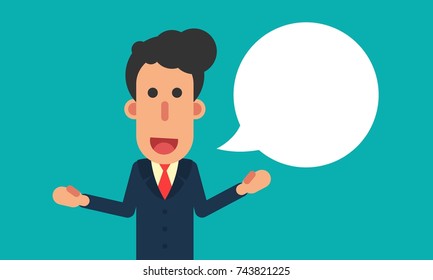 Businessman speaks in bubble speech vector illustration in flat modern design isolated in turquoise background