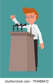 Businessman speaks from the rostrum. Vector illustration. Flat design style.