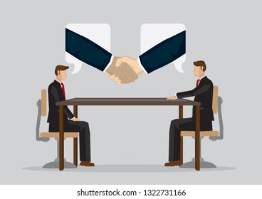 Businessman with speech bubble with arm hand shaking. Concept of collaboration, corporate cooperation or partnership. Isolated vector illustration.