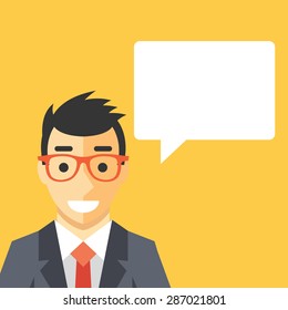 Businessman and speech bubble. Handsome man in suit and white text box around him. Creative flat design vector illustration.