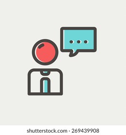 Businessman with speech bubble icon thin line for web and mobile, modern minimalistic flat design. Vector icon with dark grey outline and offset colour on light grey background.