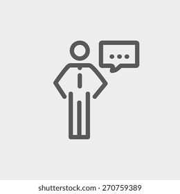 Businessman with speech bubble icon thin line for web and mobile, modern minimalistic flat design. Vector dark grey icon on light grey background.