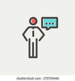 Empresario con icono de burbuja del habla línea delgada para web y móvil, moderno diseño minimalista plano. Icono del vector con contorno gris oscuro y color de desplazamiento en fondo gris claro.