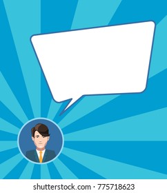 Businessman with speech bubble on blue retro background, flat illustration