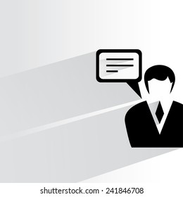 businessman and speech bubble on white background, flat and shadow theme