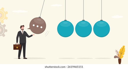 Businessman and speech bubble pendulum. Confident man in front of newton's cradle with chat bubble, effect of speech. Gossip and fake news concept. Skills of communication, negotiations. flat vector