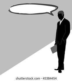 Businessman with speech bubble smiling and pointing. You can place your text on blank speech bubble. Easy to edit and transform: individually grouped.