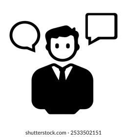 A businessman with speech bubbles symbolizing communication and dialogue in a professional setting