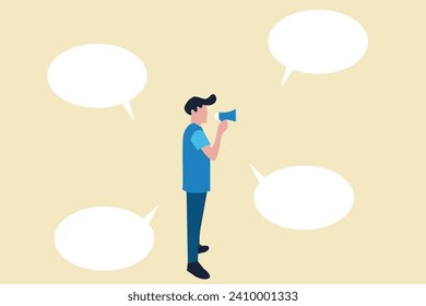 Businessman speech on megaphone. Communication or PR, Public Relations manager to communicate company information and media, announce sales or promotion concept