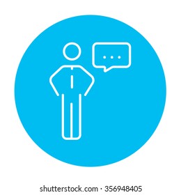 Businessman with a speech square line icon for web, mobile and infographics. Vector white icon on the light blue circle isolated on white background.