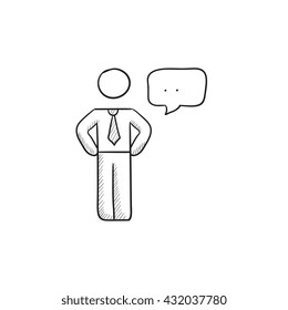 Businessman with speech square vector sketch icon isolated on background. Hand drawn Businessman with speech square icon. Businessman with speech square sketch icon for infographic, website or app.