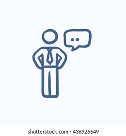 Businessman with speech square vector sketch icon isolated on background. Hand drawn Businessman with speech square icon. Businessman with speech square sketch icon for infographic, website or app.