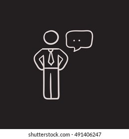 Businessman with speech square vector sketch icon isolated on background. Hand drawn Businessman with speech square icon. Businessman with speech square sketch icon for infographic, website or app.