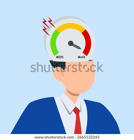 Businessman with a speedometer in his head showing maximum level. Symbolizing stress, pressure, overload, and mental exhaustion.
