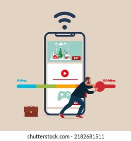 Businessman speeds up wireless internet on mobile phone. Wi-fi signal quality improvements, speed optimization.
