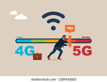 Businessman speeds up wireless internet. Switching from 4g to fast 5g technology. Wi-fi signal quality improvements, optimization. Tariff plan with fast internet.